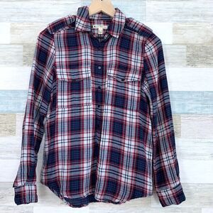 MNG Mango Flannel Plaid Utility Shirt Red Blue White Snap Button Down Womens XS